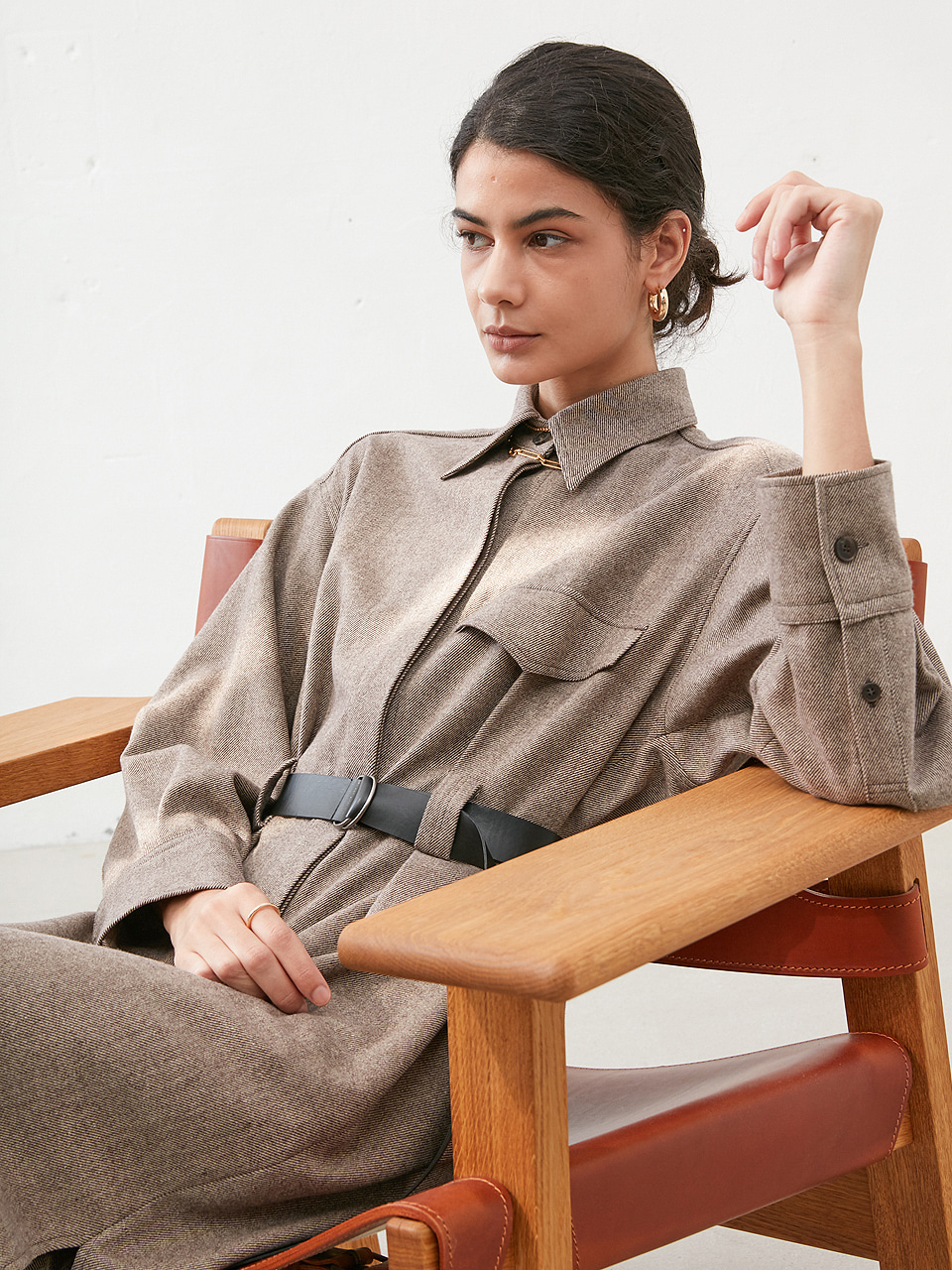 BELTED WOOL TRENCH SHIRT DRESS_Brown