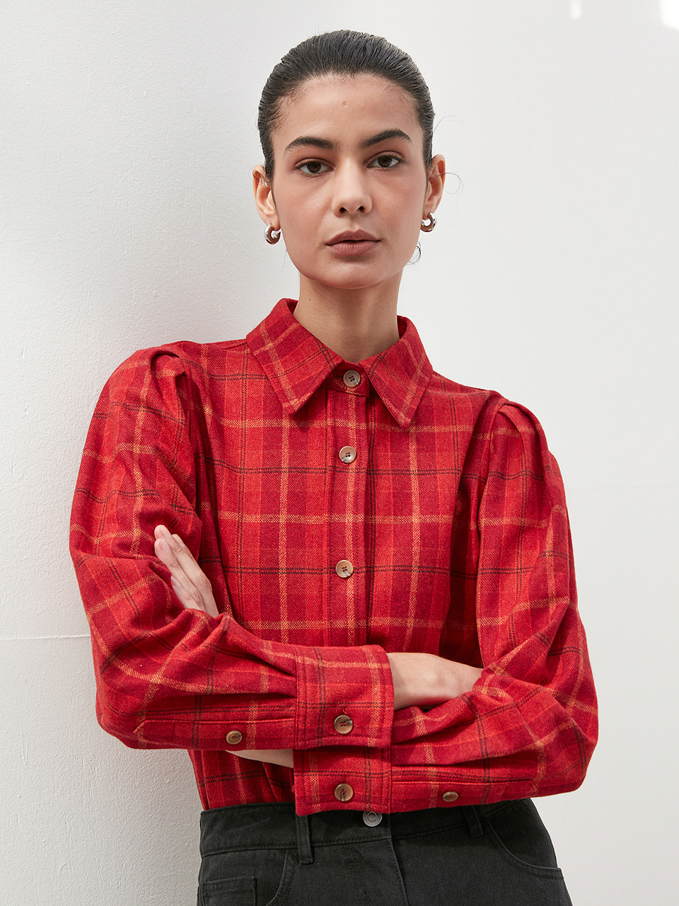 PUFF SLEEVE WOOL CHECK SHIRT_Red