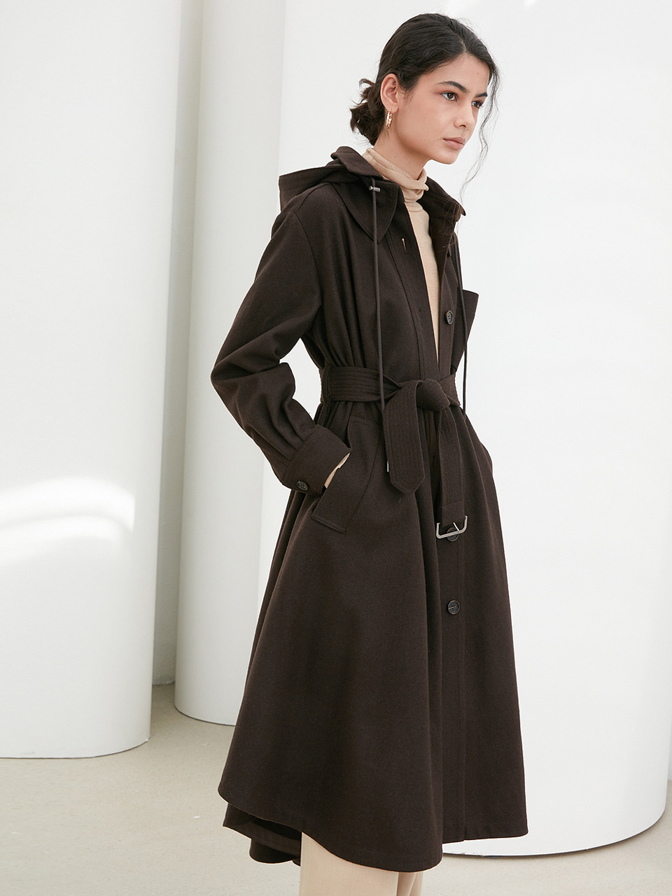 WOOL HOODED OVER TRENCH COAT_Brown