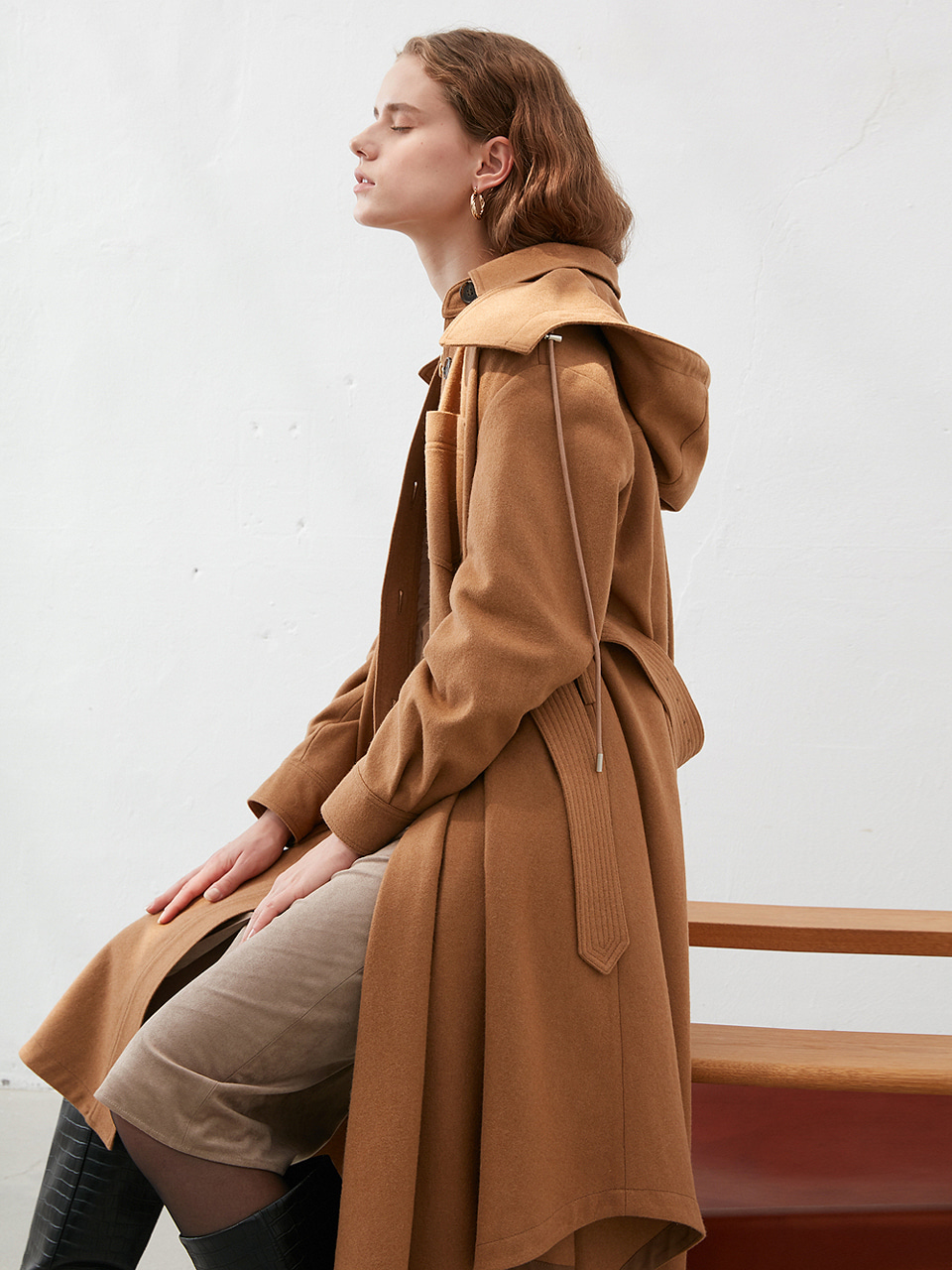 WOOL HOODED OVER TRENCH COAT_Camel