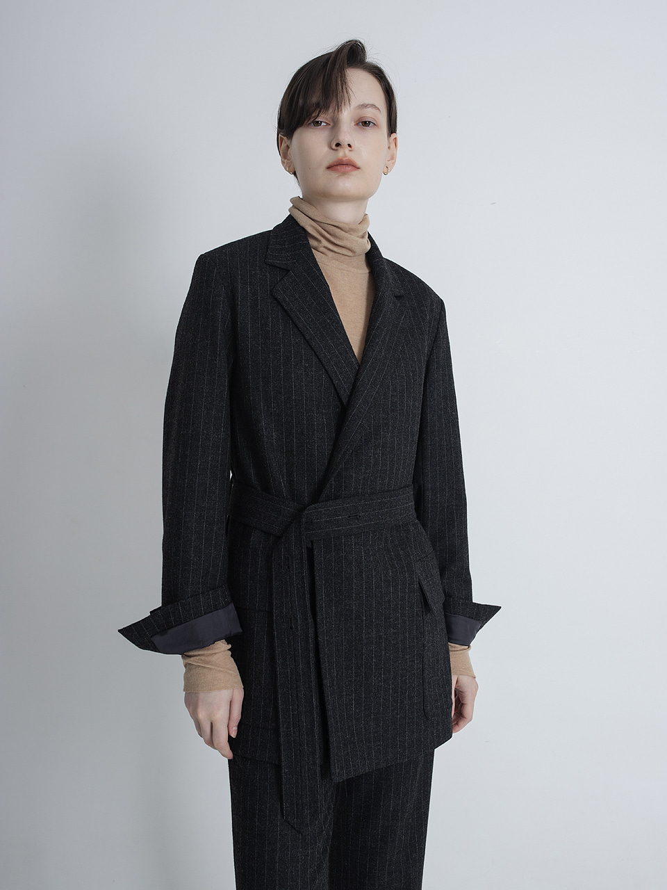 Wool Stripe Belted Suit Jacket_M/M Gray