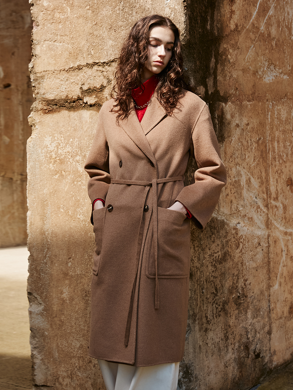 THIN BELTED CASHMERE DOUBLE COAT - CAMEL