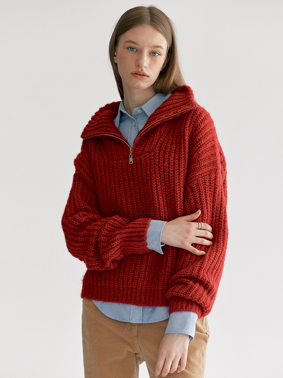 WOOL MOHAIR ZIP-UP PULL OVER - Red