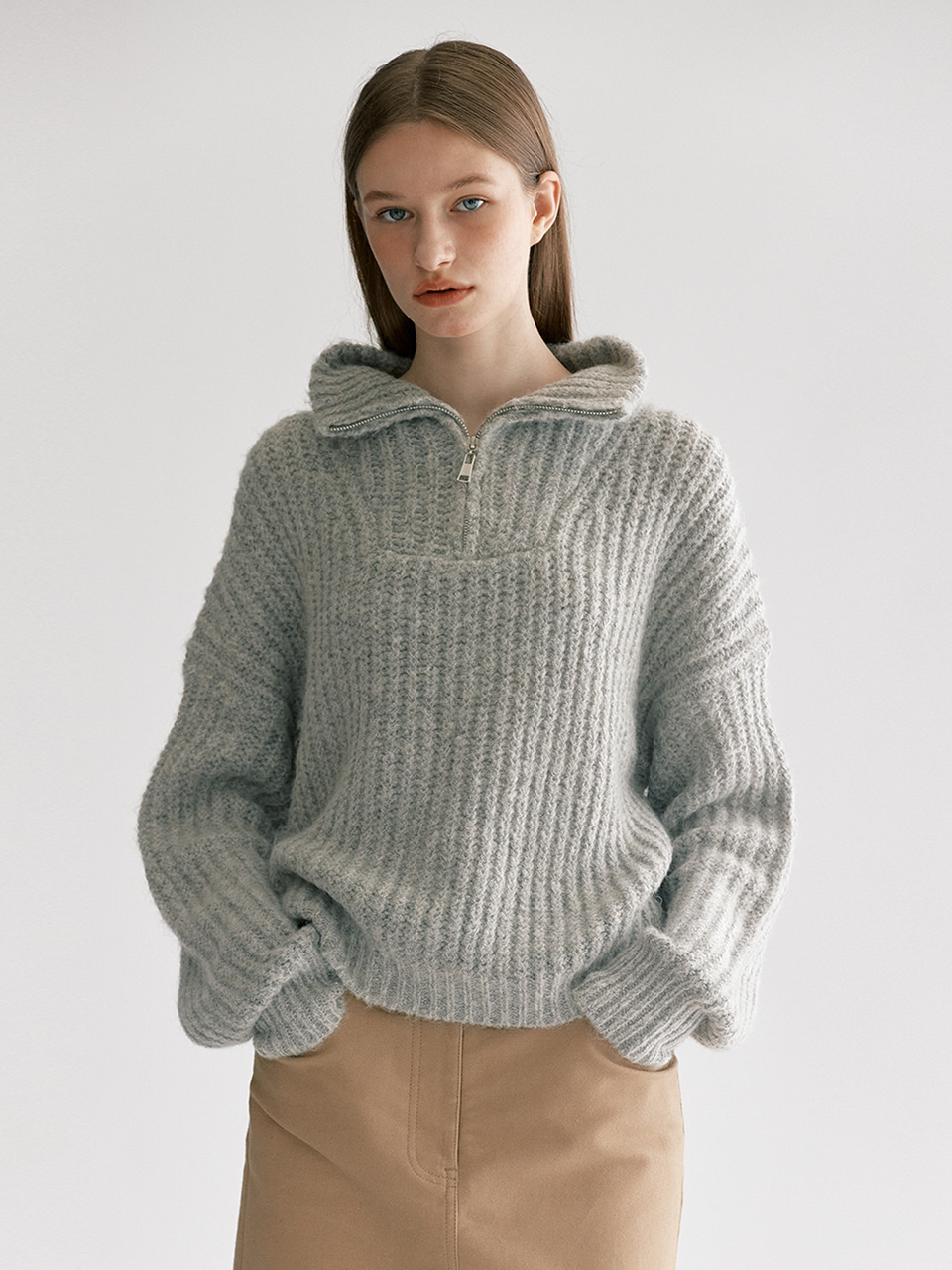 WOOL MOHAIR ZIP-UP PULL OVER - Gray