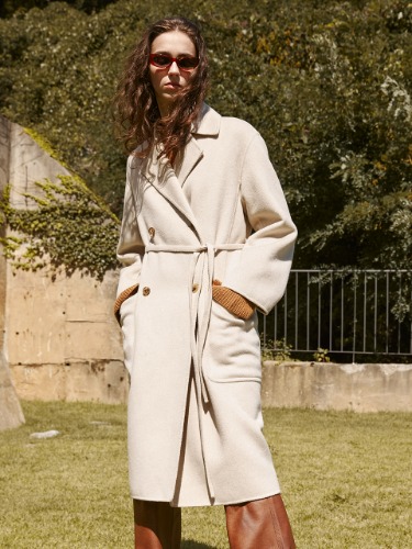 THIN BELTED CASHMERE DOUBLE COAT - OATMEAL